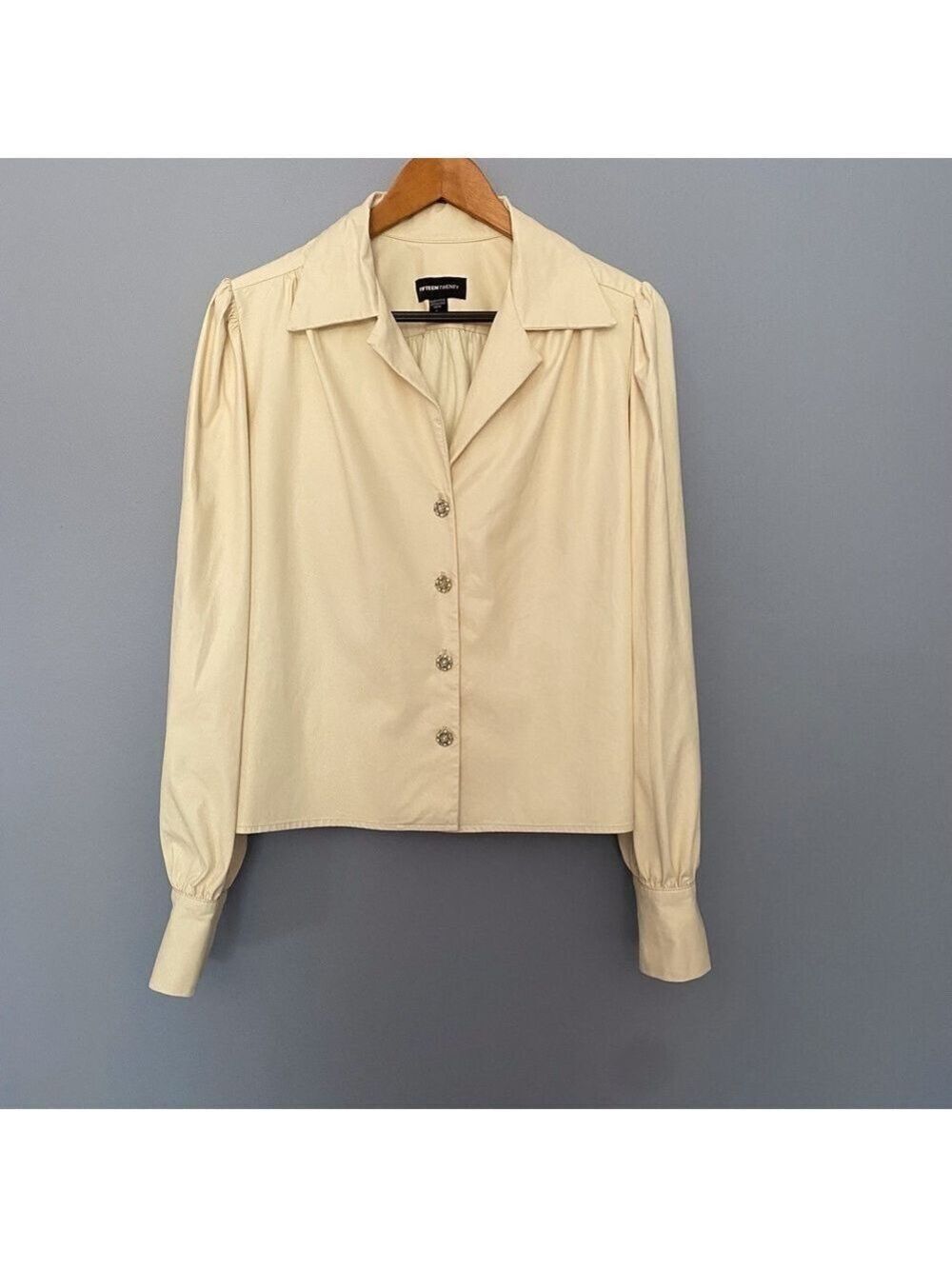 Fifteen Twenty cream Faux Leather top Rhinestone Buttons Blouson Sleeve Large